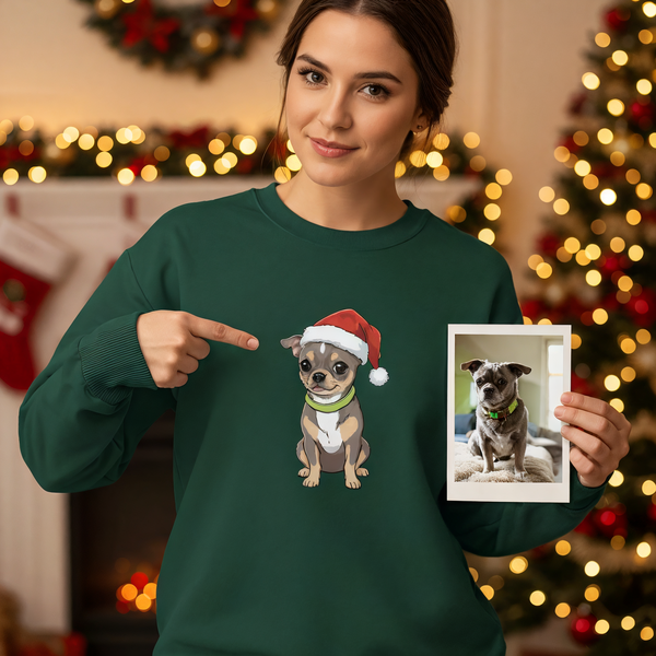 Unleash the Christmas Pet Magic: Upload Your Photo and Design Your Custom Apparel Now.